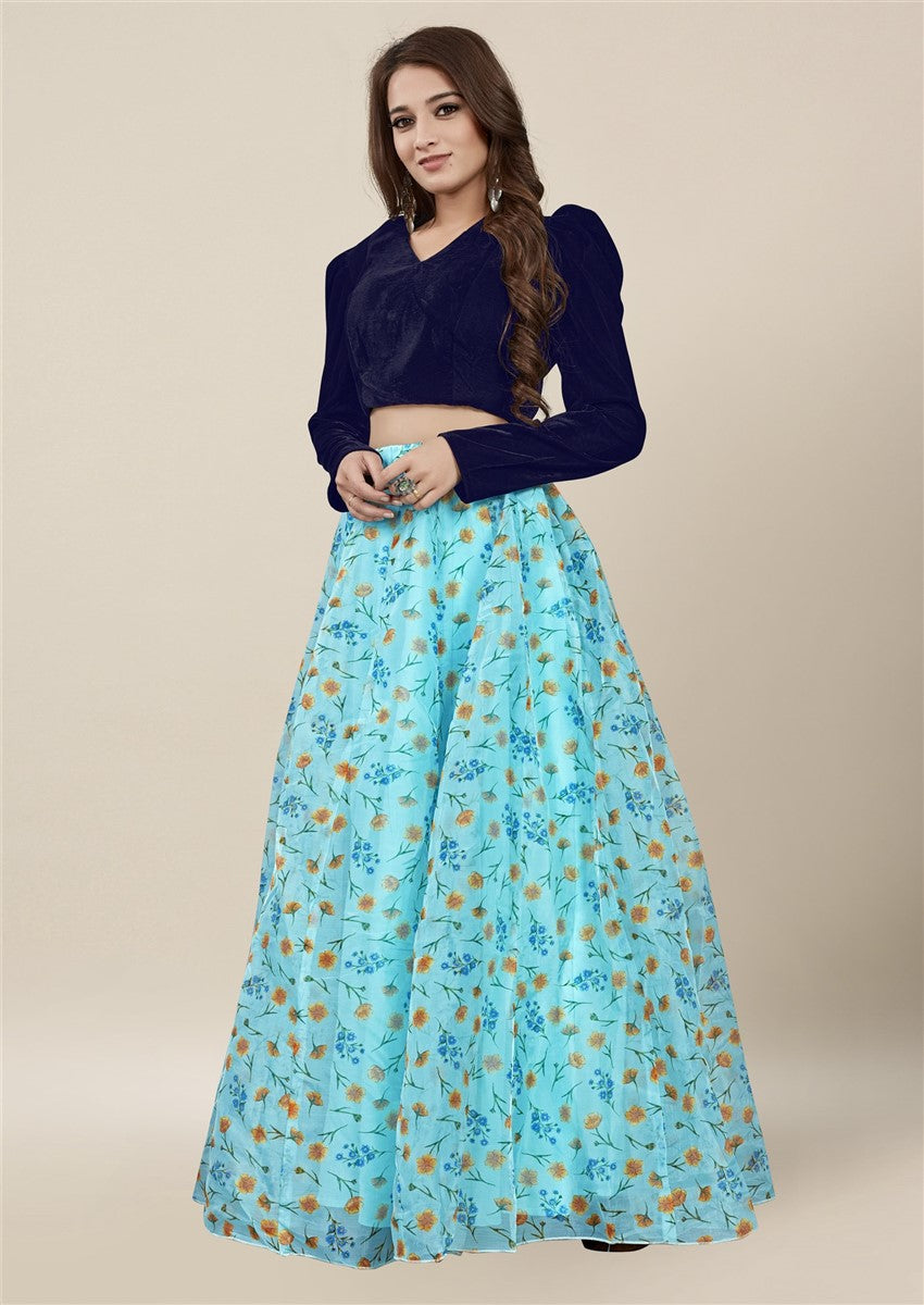Vedic Skyblue Floral Printed Skirt