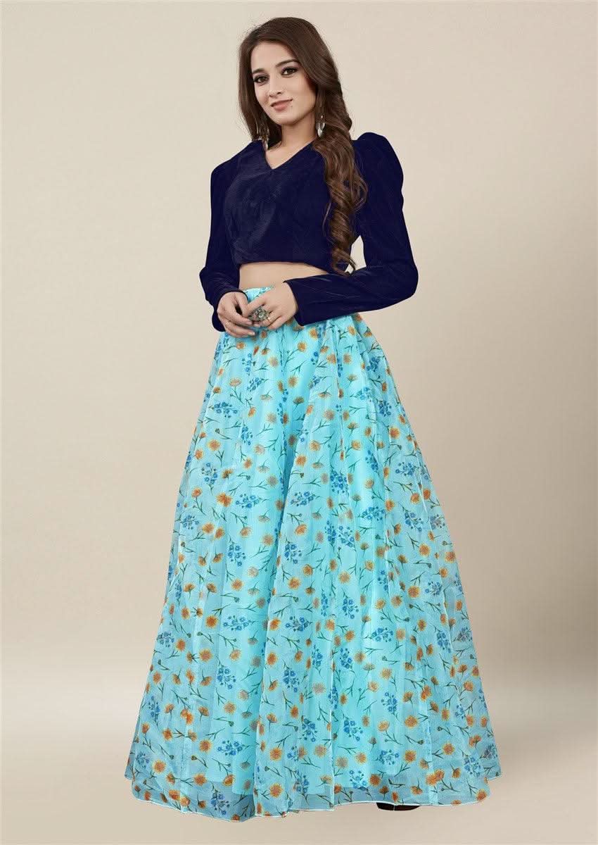 Vedic Skyblue Floral Printed Skirt - Vedic Apparel Private Limited