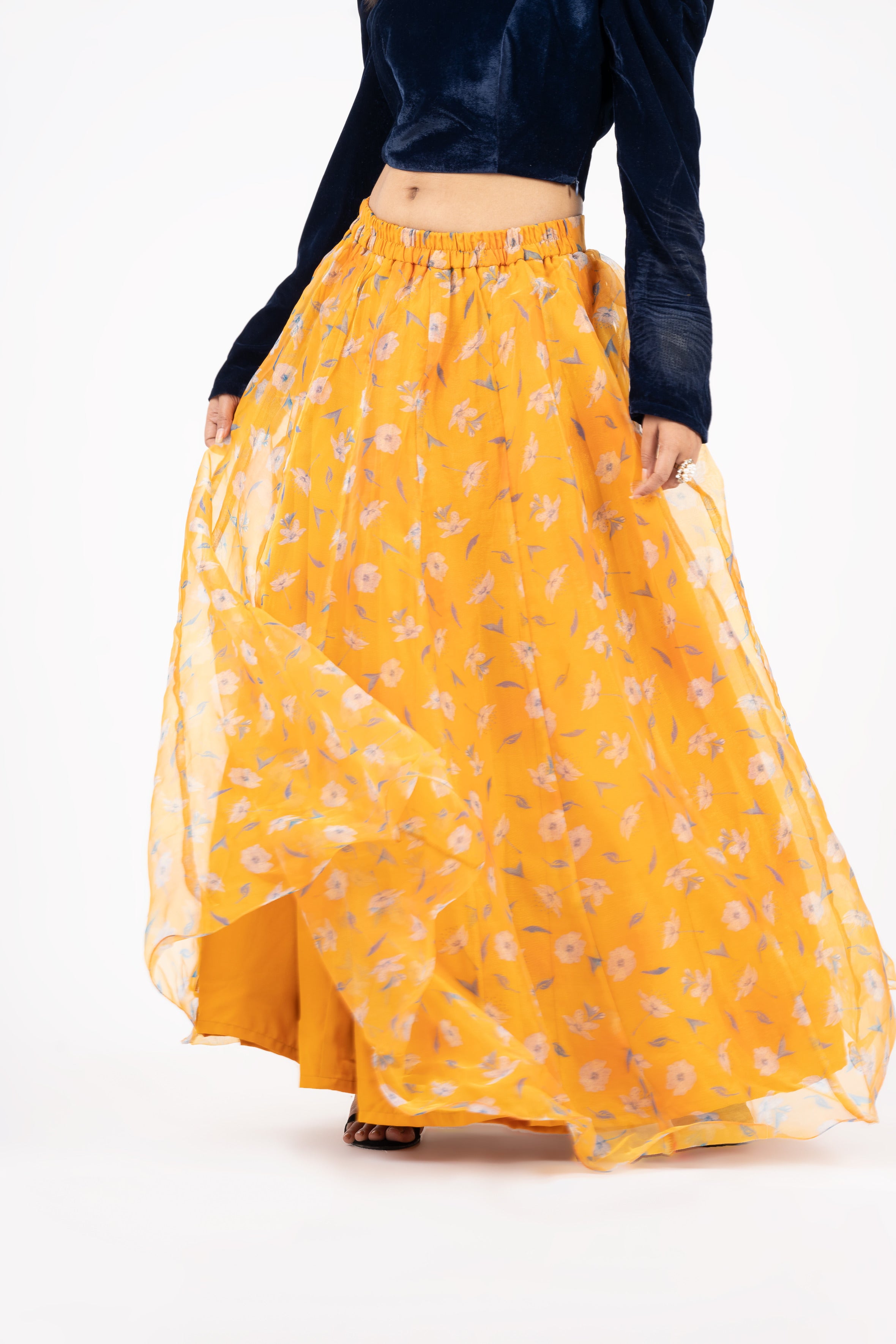 Vedic Orange Floral Printed Skirt For Women