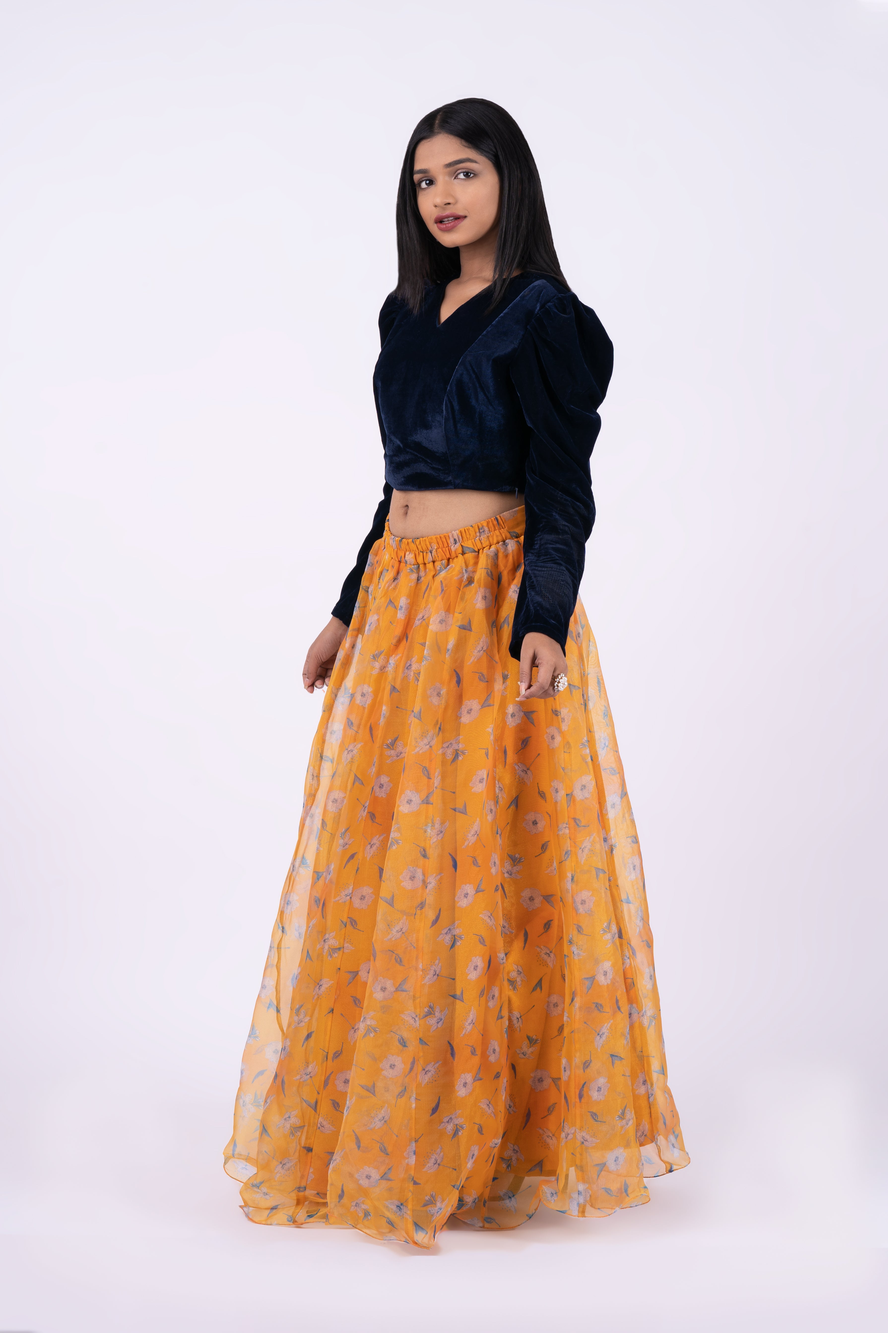 Vedic Orange Floral Printed Skirt For Women