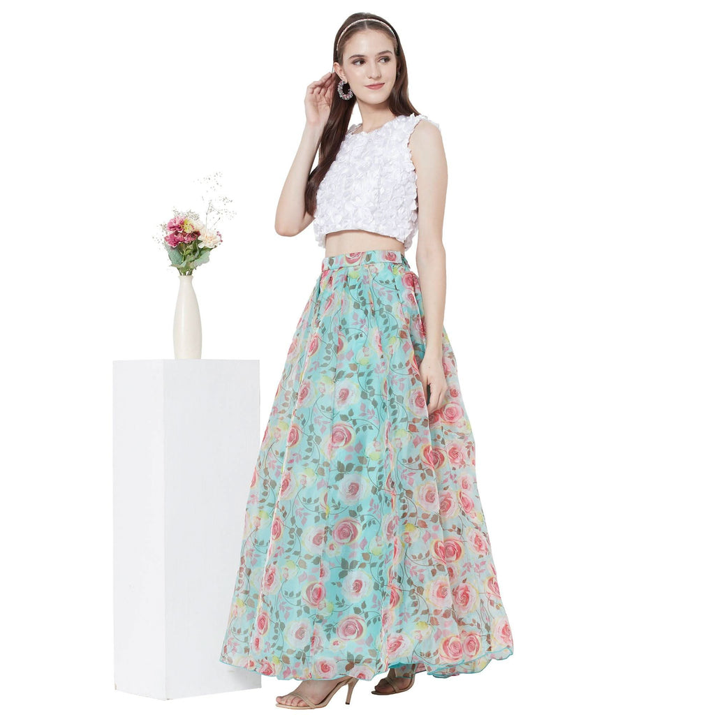Vedic Sea Green Floral Printed Skirt For Women - Vedic Apparel Private Limited