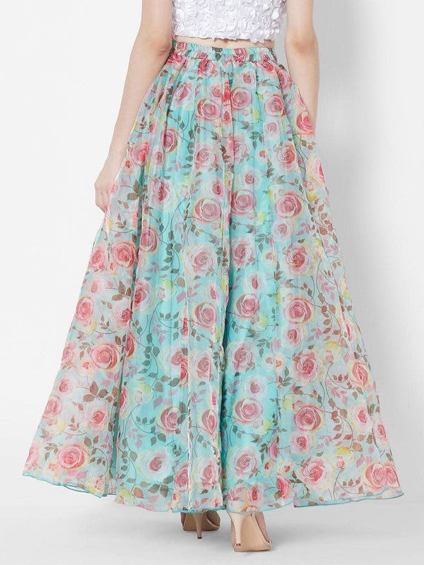 Vedic Sea Green Floral Printed Skirt For Women