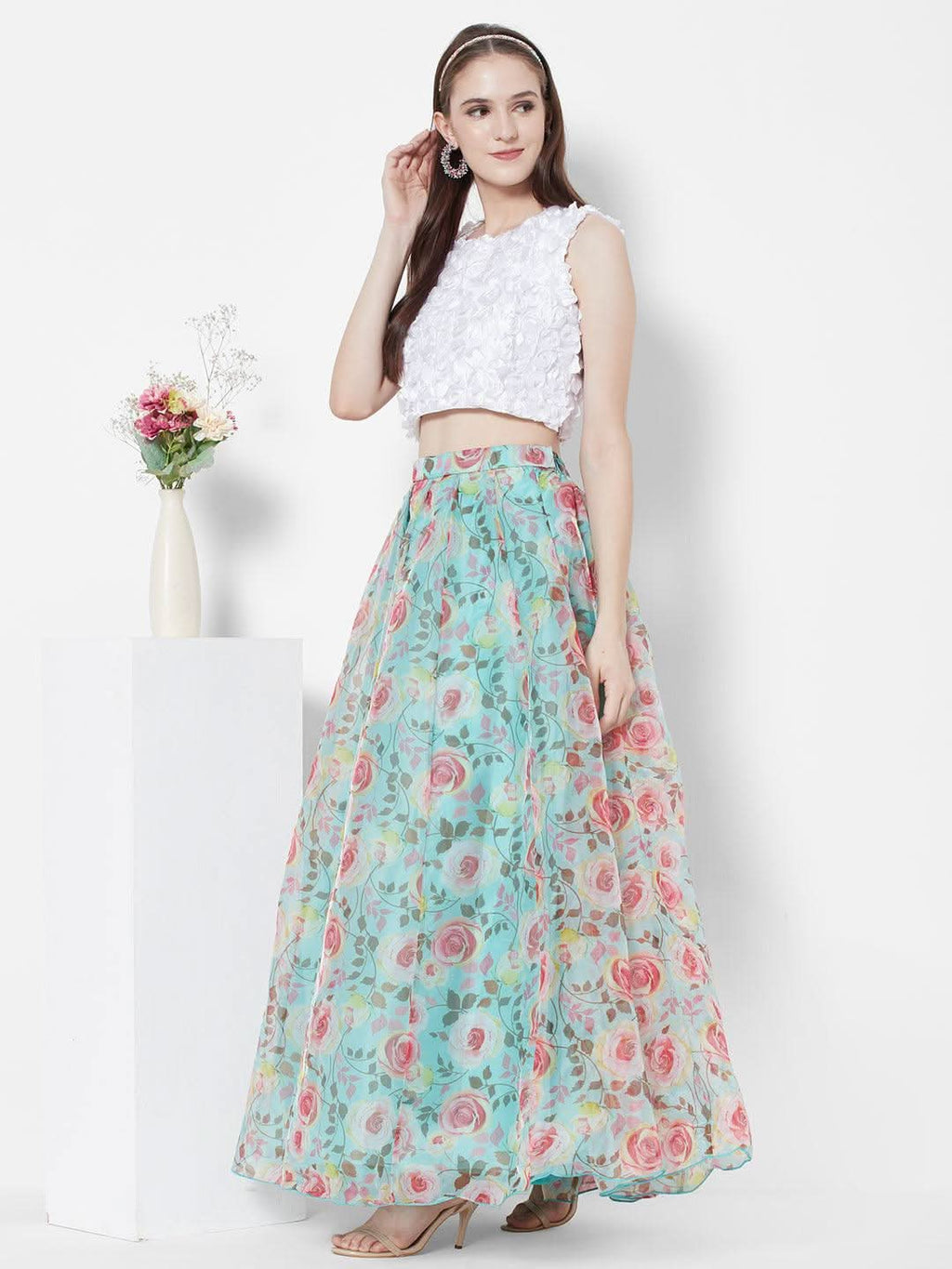 Vedic Sea Green Floral Printed Skirt For Women - Vedic Apparel Private Limited