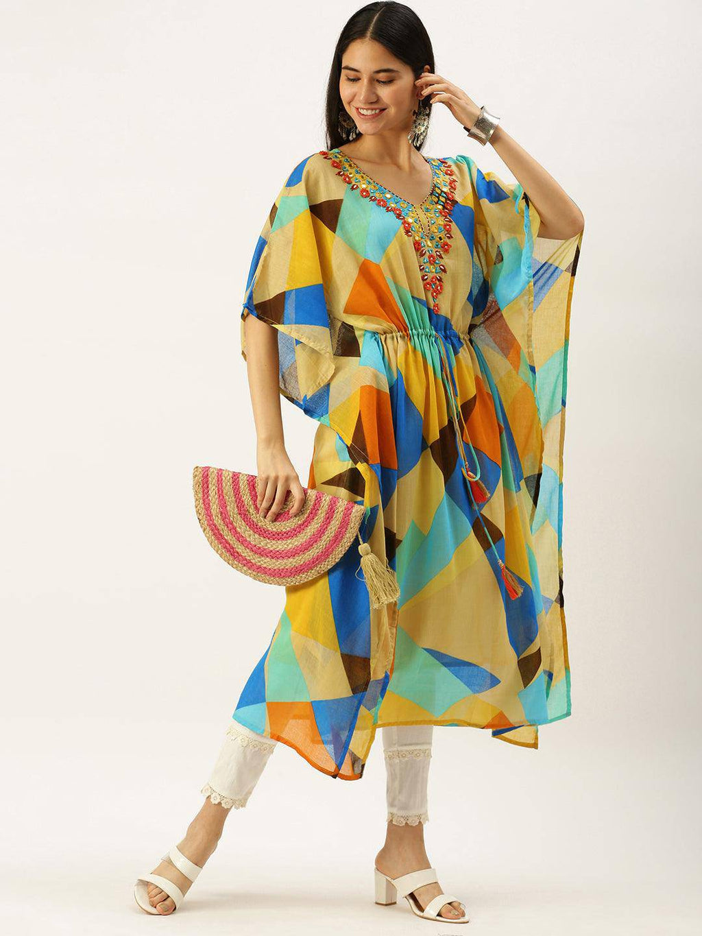 Vedic Women Multicoloured Geometric Printed Flared Sleeves Mirror Work Kaftan Kurta - Vedic Apparel Private Limited