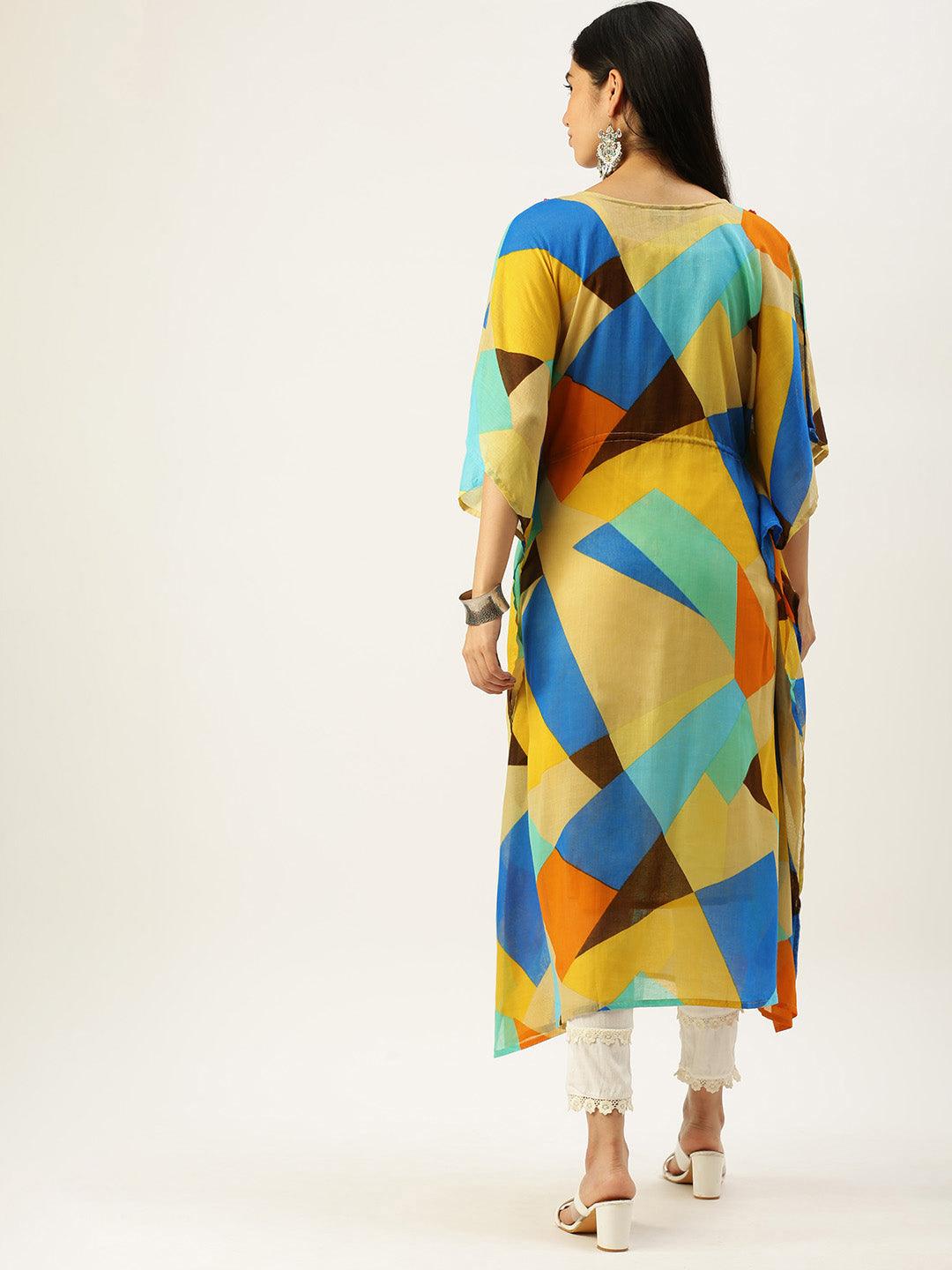 Vedic Women Multicoloured Geometric Printed Flared Sleeves Mirror Work Kaftan Kurta - Vedic Apparel Private Limited