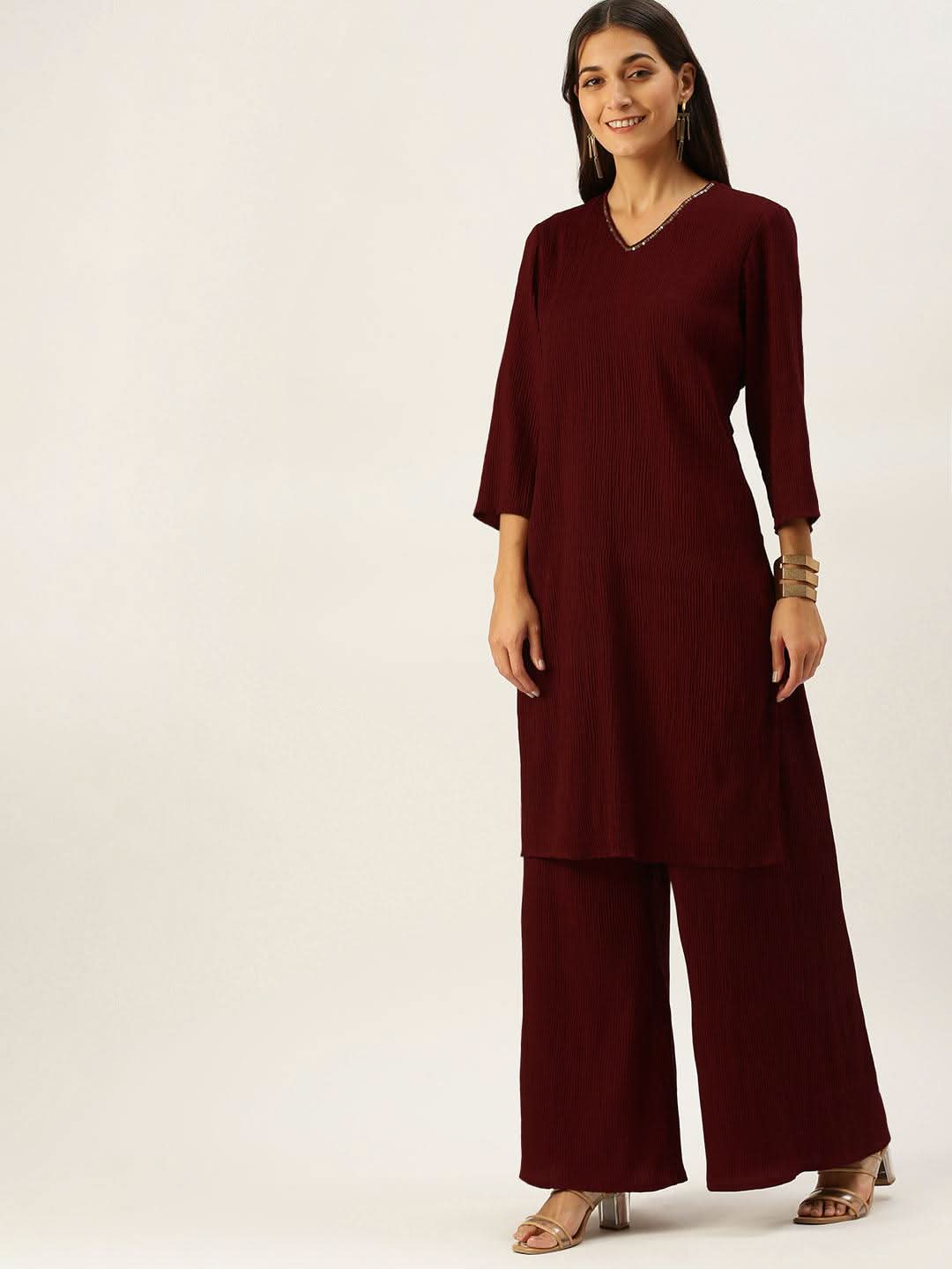 Vedic Women Maroon Sequinned Pure Silk Kurta with Palazzos - Vedic Apparel Private Limited