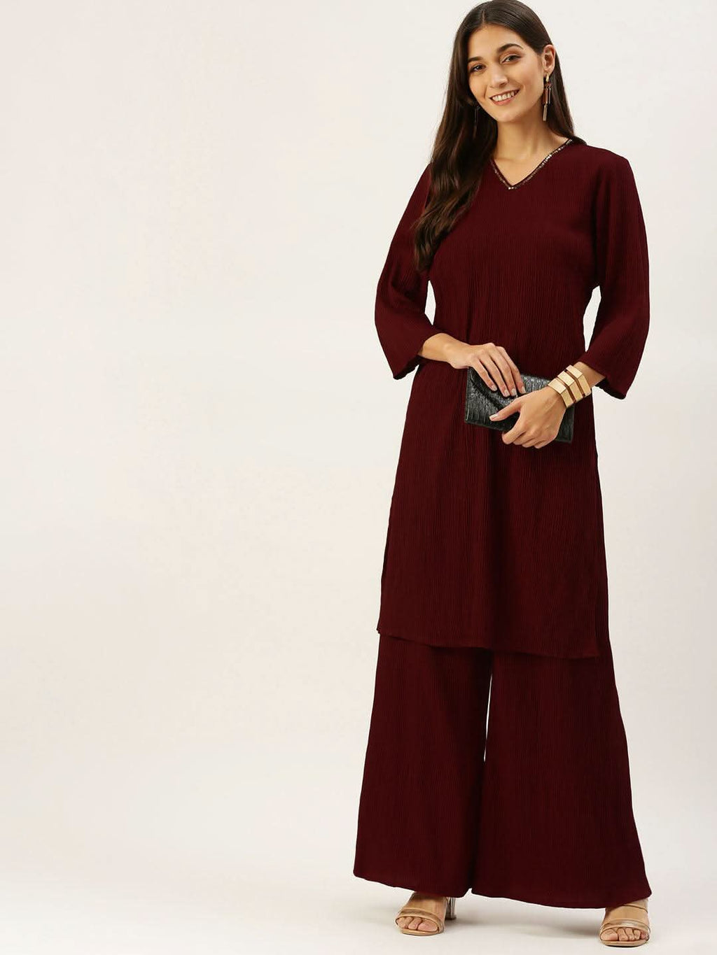 Vedic Women Maroon Sequinned Pure Silk Kurta with Palazzos - Vedic Apparel Private Limited