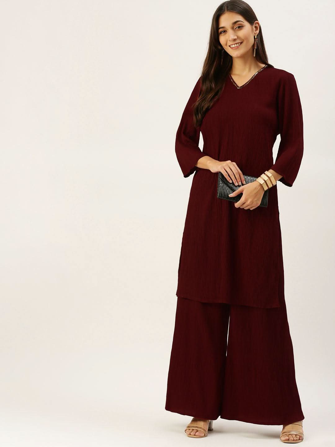 Vedic Women Maroon Sequinned Pure Silk Kurta with Palazzos - Vedic Apparel Private Limited