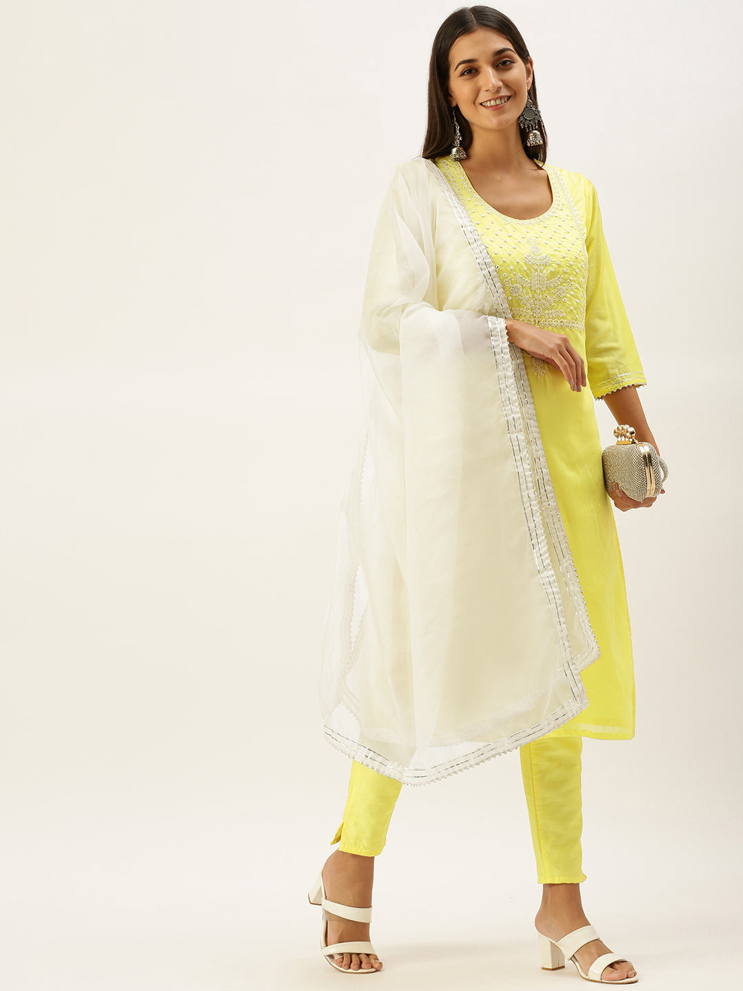 Vedic Women Yellow Yoke Design Sequinned Chanderi Cotton Kurta with Trousers  Dupatta