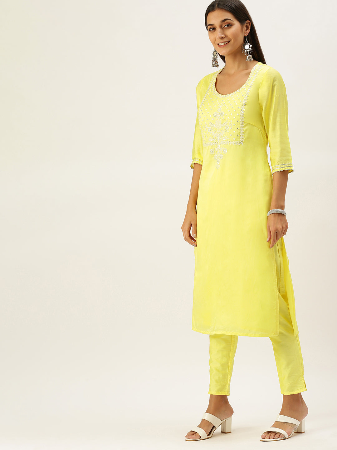 Vedic Women Yellow Yoke Design Sequinned Chanderi Cotton Kurta with Trousers  Dupatta