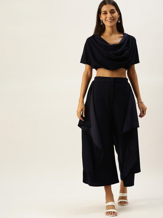 Vedic Women Navy Blue Cowl Neck Crop Top with Palazzos