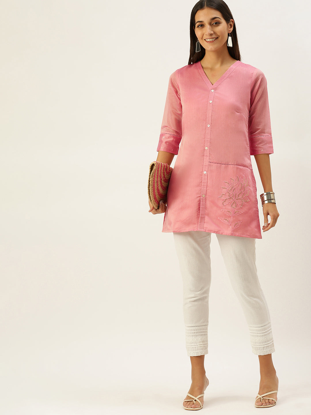 Vedic Women Peach-Coloured V Neck Sequin Detail Chanderi Cotton Kurta - Vedic Apparel Private Limited