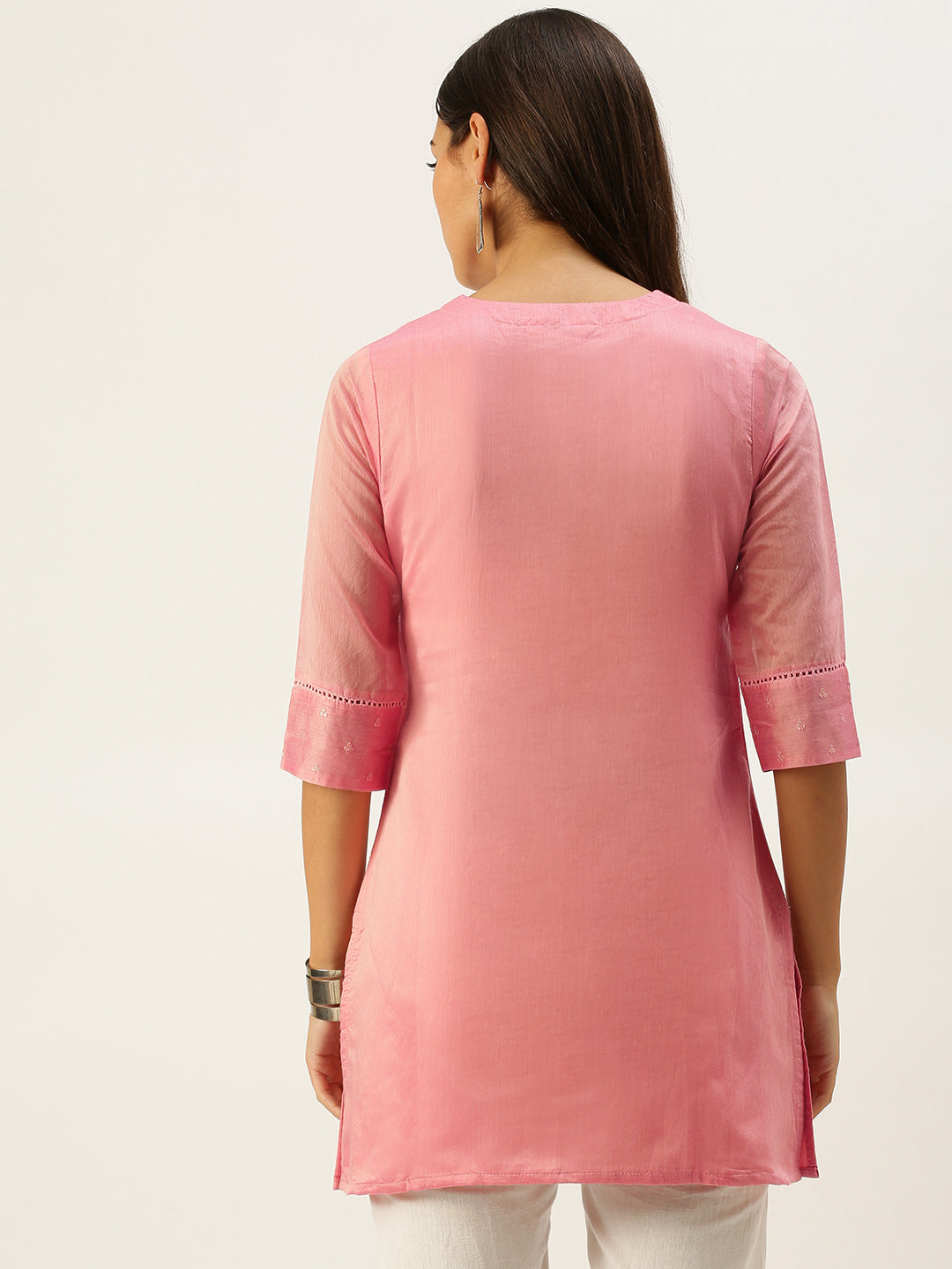 Vedic Women Peach-Coloured V Neck Sequin Detail Chanderi Cotton Kurta - Vedic Apparel Private Limited