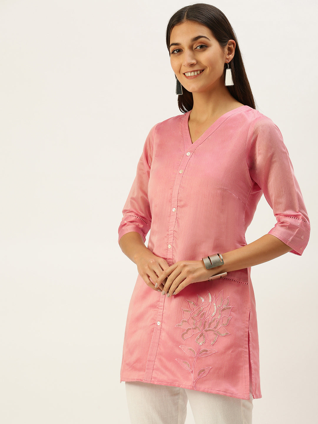 Vedic Women Peach-Coloured V Neck Sequin Detail Chanderi Cotton Kurta