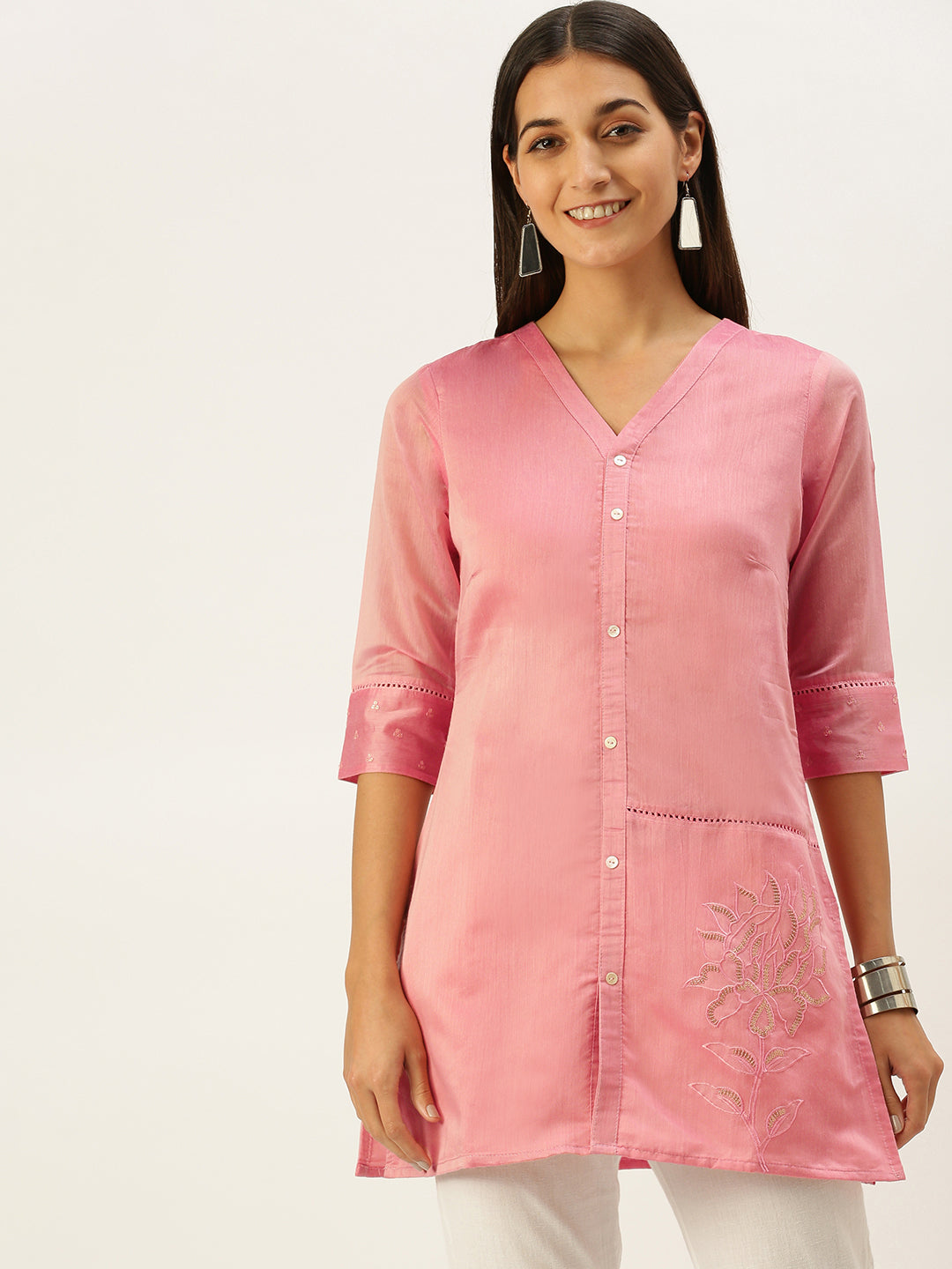 Vedic Women Peach-Coloured V Neck Sequin Detail Chanderi Cotton Kurta