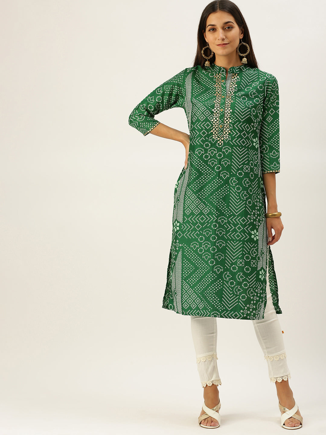 Vedic Women Green White Bandhani Printed Gotta Patti Kurta