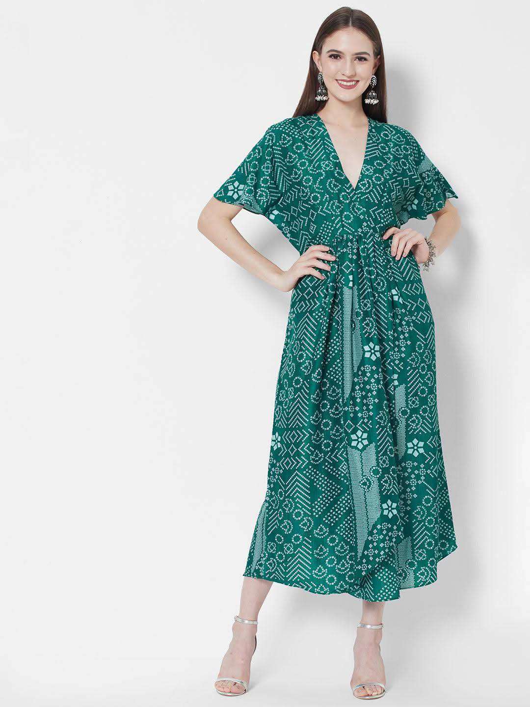 Vedic Ethnic Motifs Printed Midi Silk Kaftan Dress - Vedic Apparel Private Limited