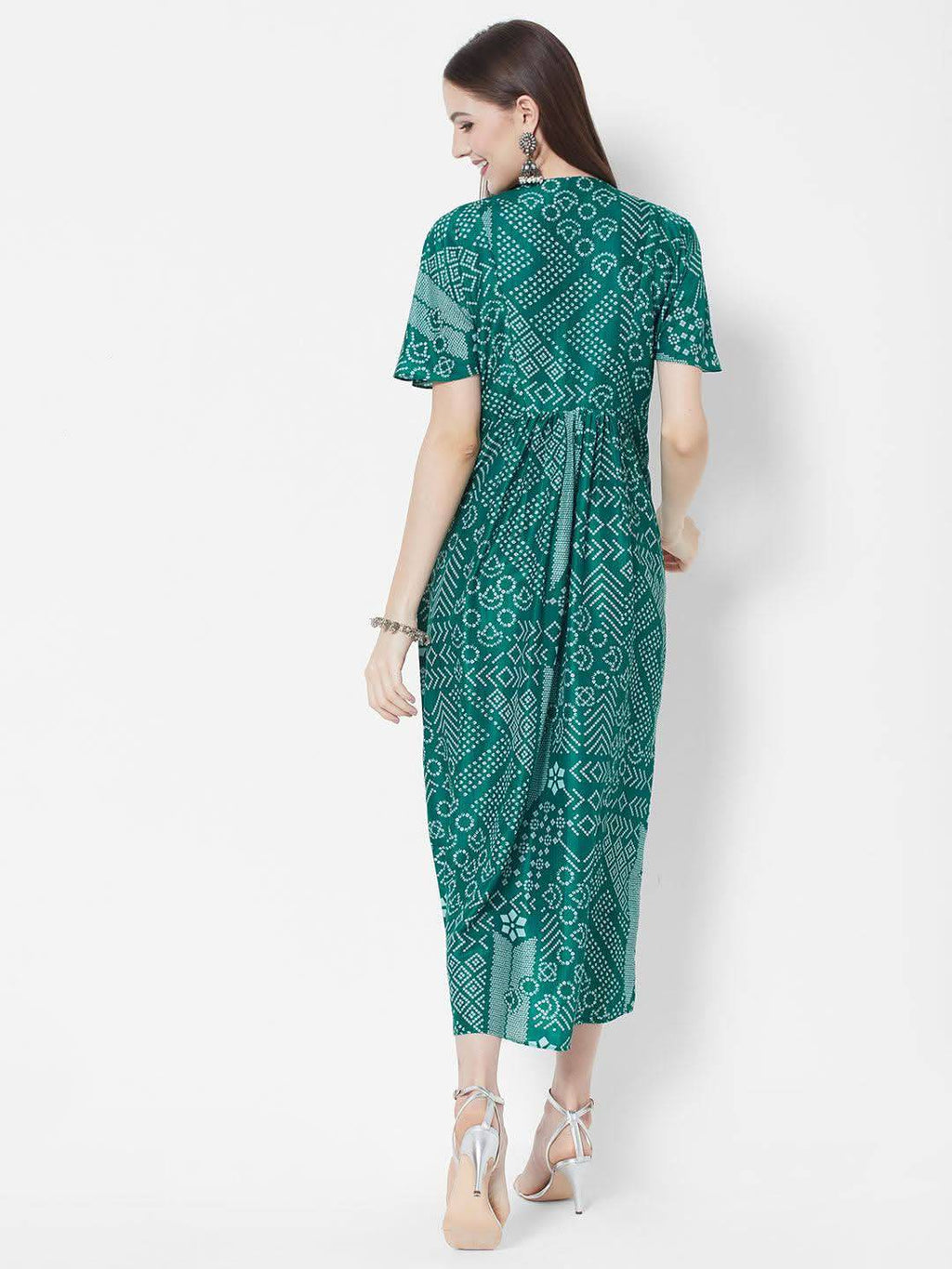 Vedic Ethnic Motifs Printed Midi Silk Kaftan Dress - Vedic Apparel Private Limited