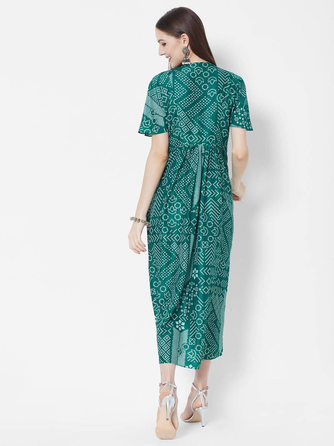 Vedic Ethnic Motifs Printed Midi Silk Kaftan Dress - Vedic Apparel Private Limited