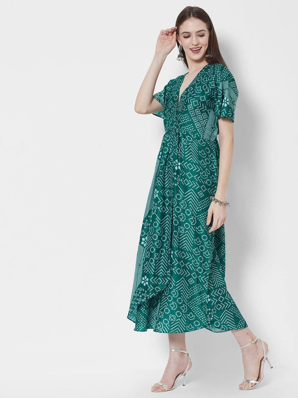 Vedic Ethnic Motifs Printed Midi Silk Kaftan Dress - Vedic Apparel Private Limited