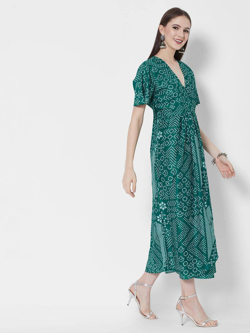 Vedic Ethnic Motifs Printed Midi Silk Kaftan Dress - Vedic Apparel Private Limited