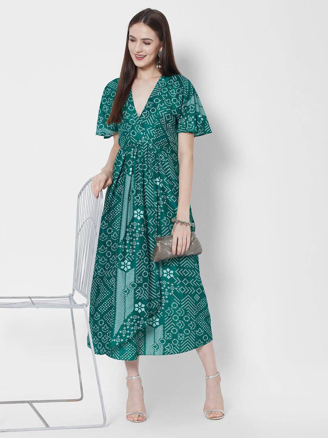 Vedic Ethnic Motifs Printed Midi Silk Kaftan Dress - Vedic Apparel Private Limited