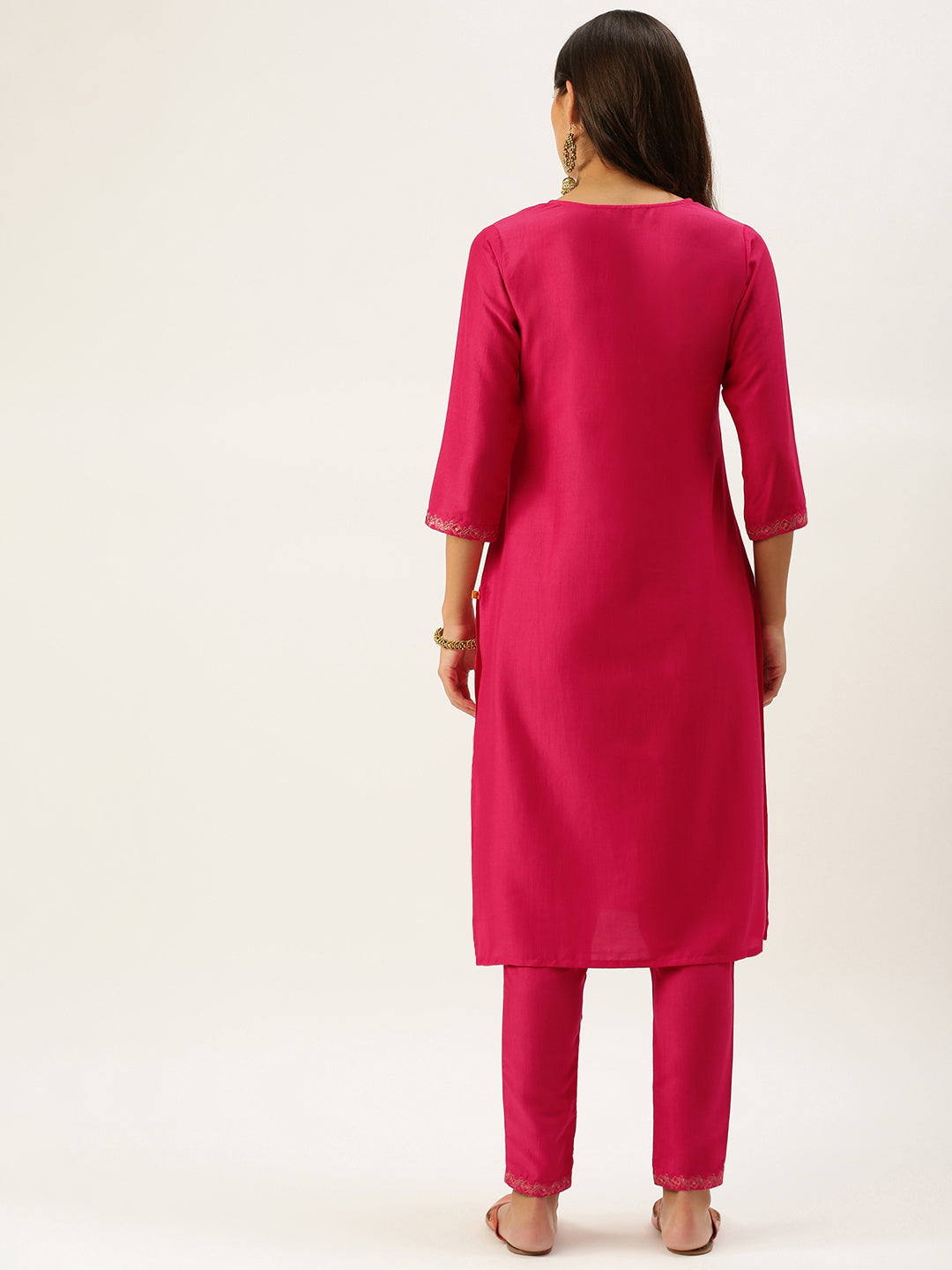 Vedic Women Pink Ethnic Motifs Yoke Design Thread Work Kurta with Trousers