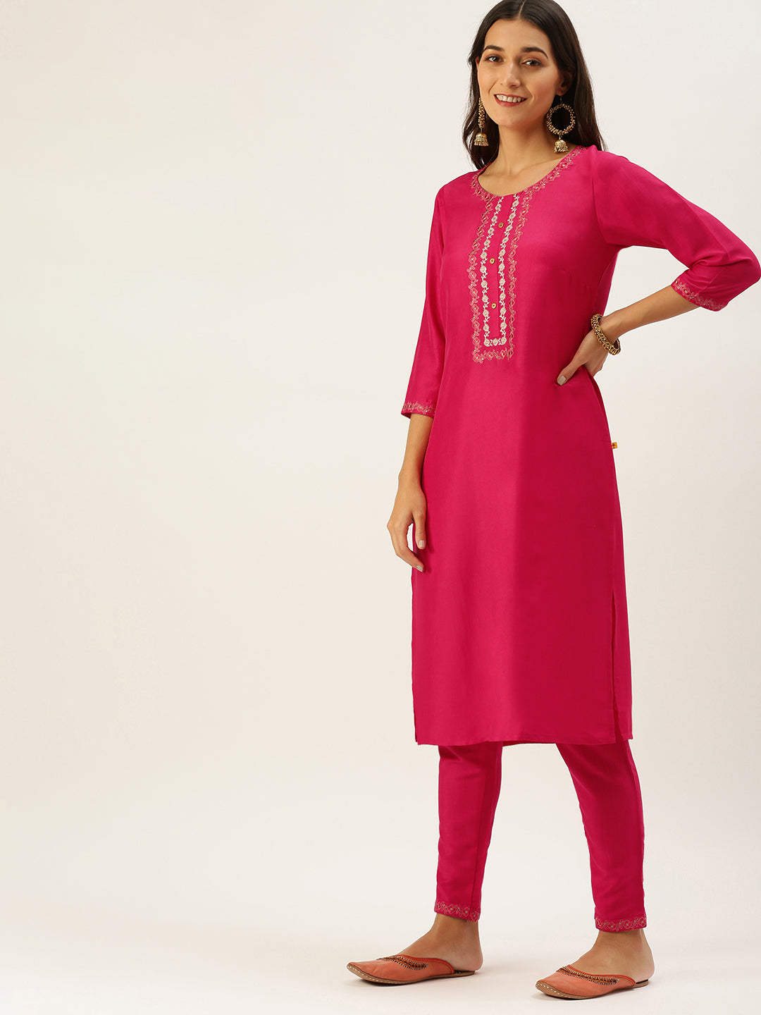 Vedic Women Pink Ethnic Motifs Yoke Design Thread Work Kurta with Trousers