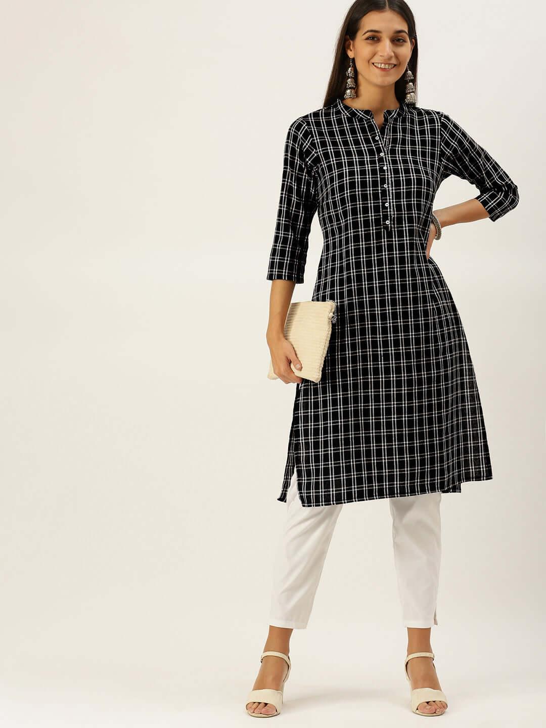 Vedic Women Black White Printed Pure Cotton Kurta - Vedic Apparel Private Limited