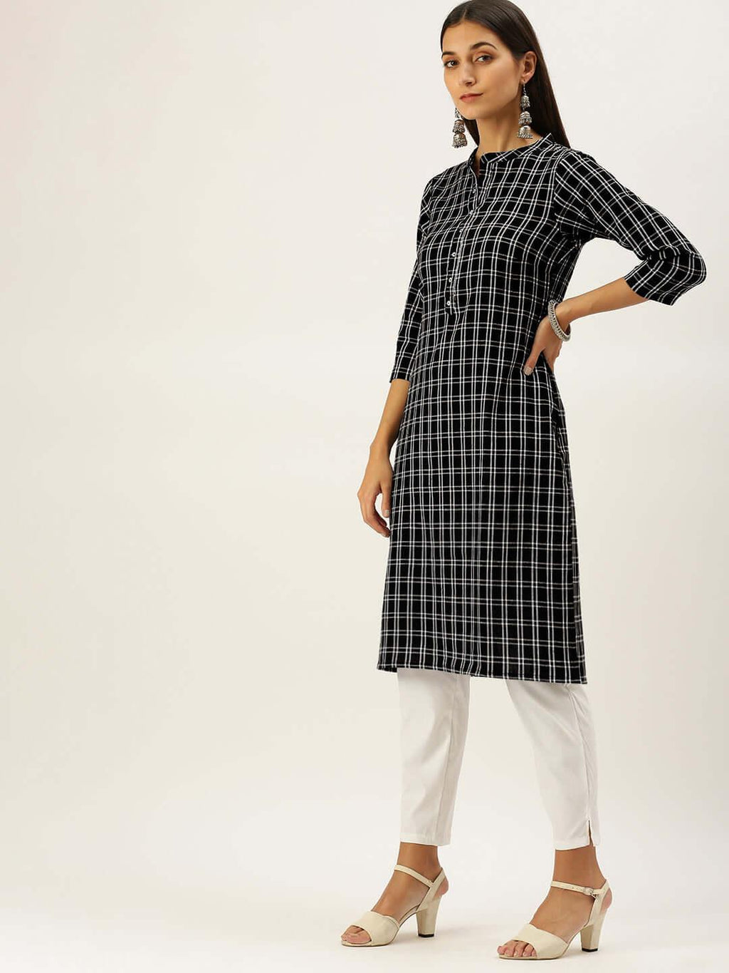 Vedic Women Black White Printed Pure Cotton Kurta - Vedic Apparel Private Limited