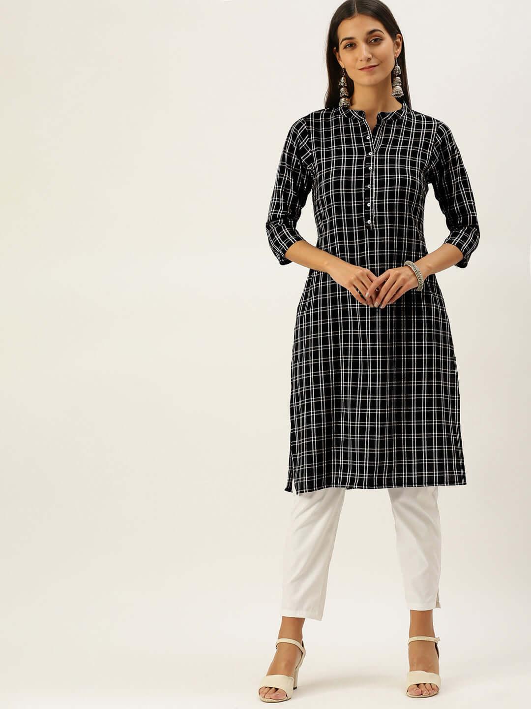 Vedic Women Black White Printed Pure Cotton Kurta - Vedic Apparel Private Limited