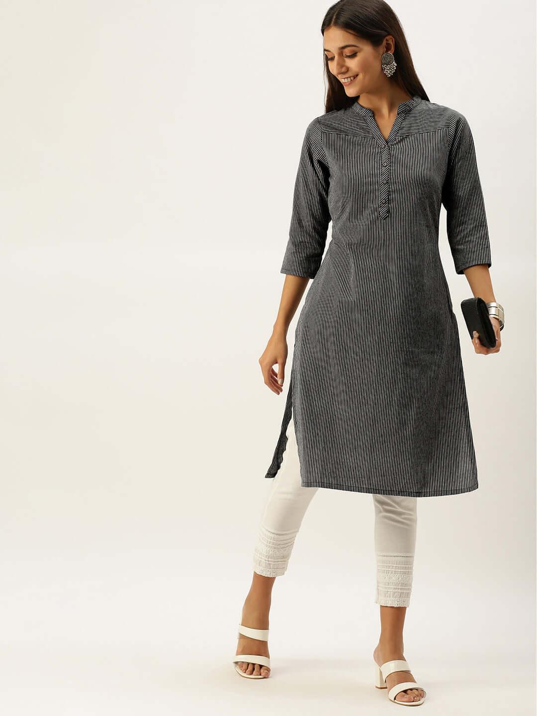 Vedic Women Black  White Striped Kurta - Vedic Apparel Private Limited