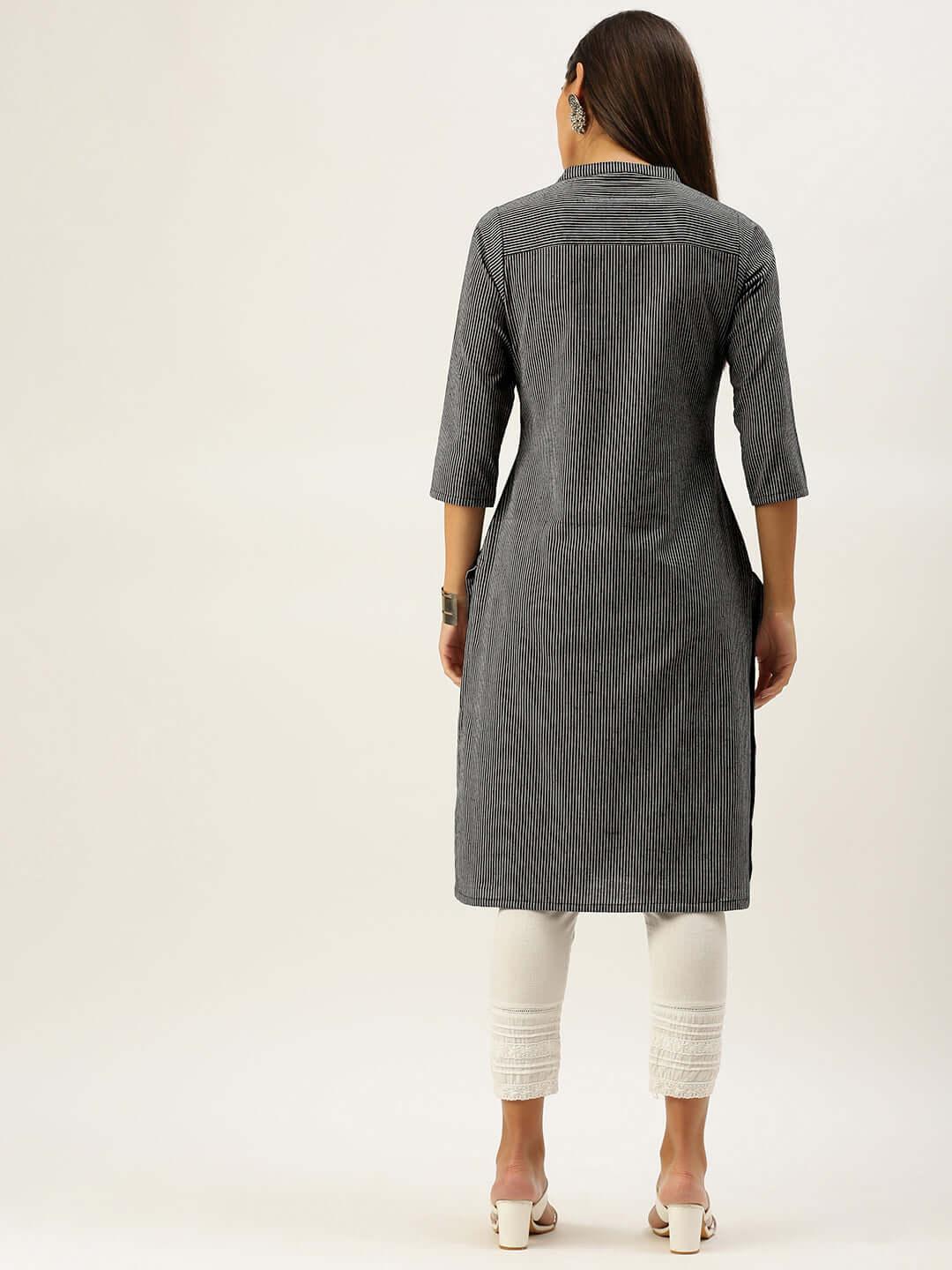 Vedic Women Black  White Striped Kurta - Vedic Apparel Private Limited