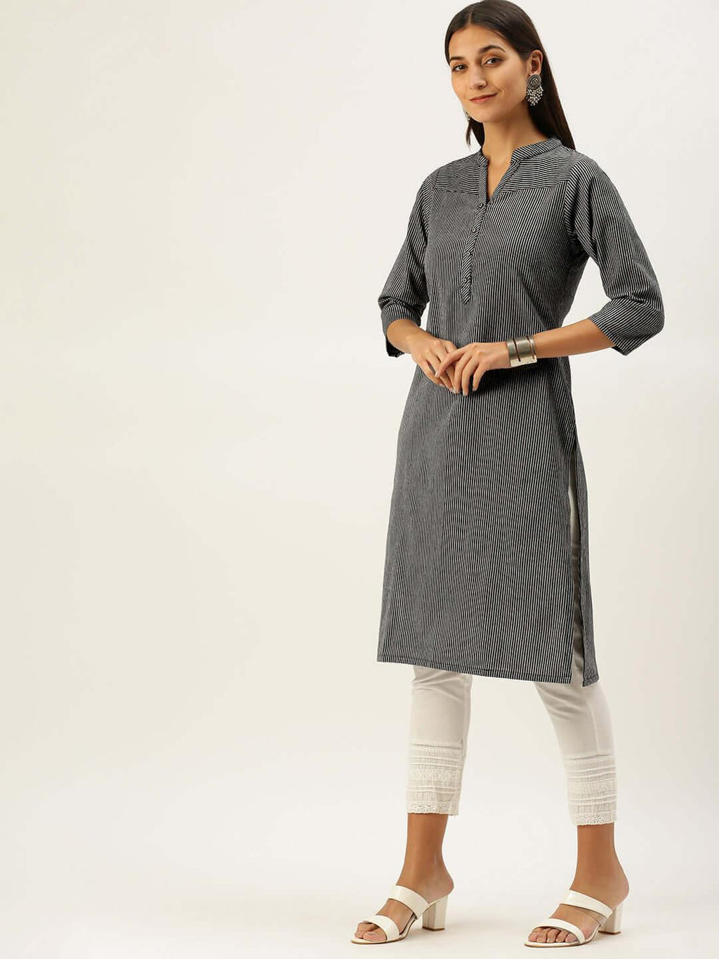 Vedic Women Black  White Striped Kurta - Vedic Apparel Private Limited