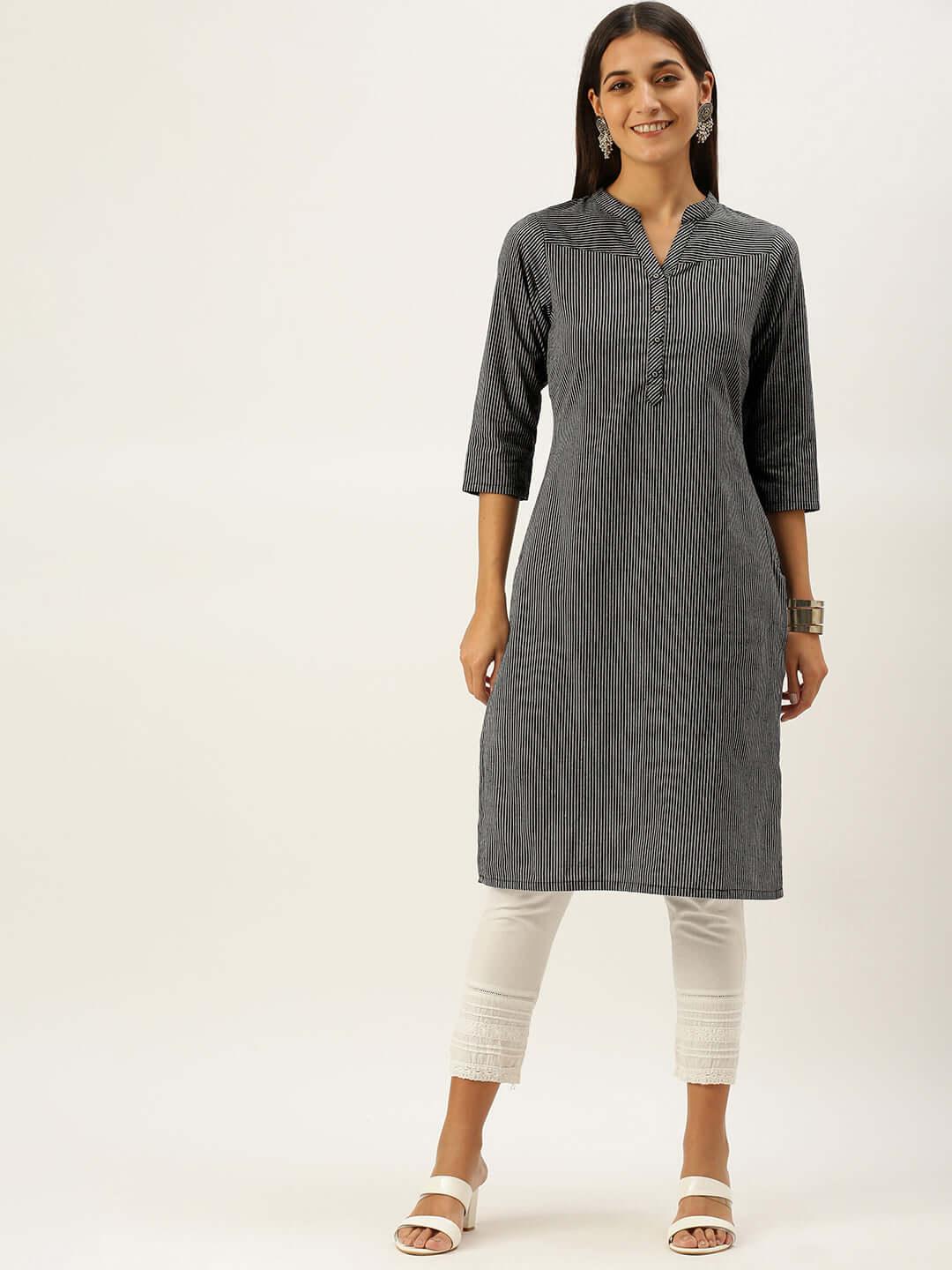 Vedic Women Black  White Striped Kurta - Vedic Apparel Private Limited