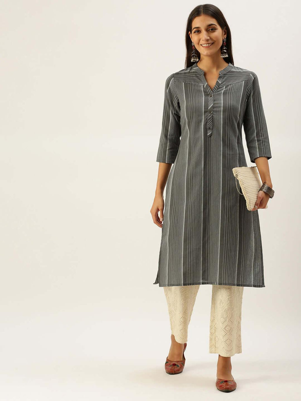 Vedic Women Charcoal Grey  White Striped Pure Cotton Kurta - Vedic Apparel Private Limited