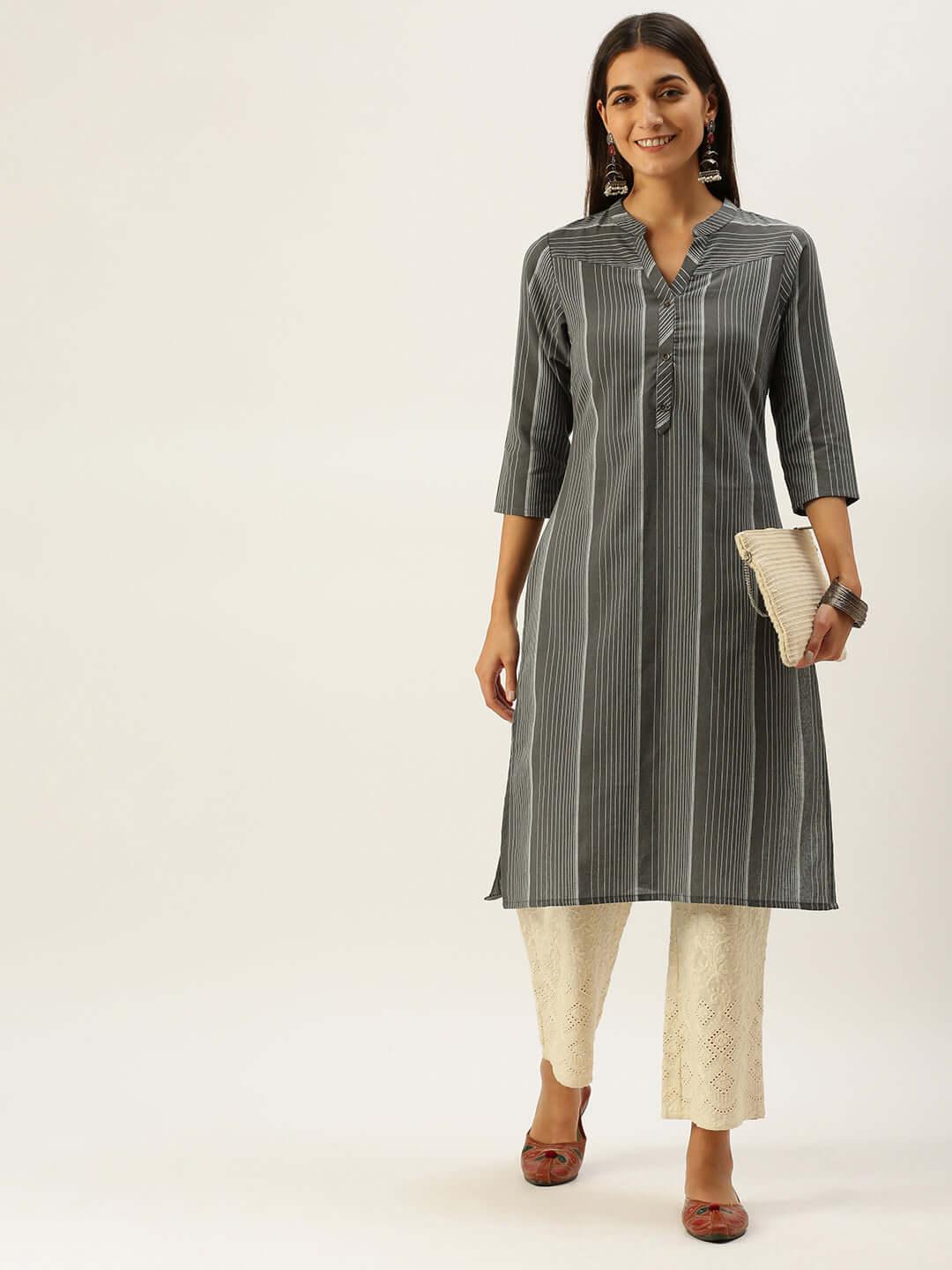 Vedic Women Charcoal Grey  White Striped Pure Cotton Kurta - Vedic Apparel Private Limited