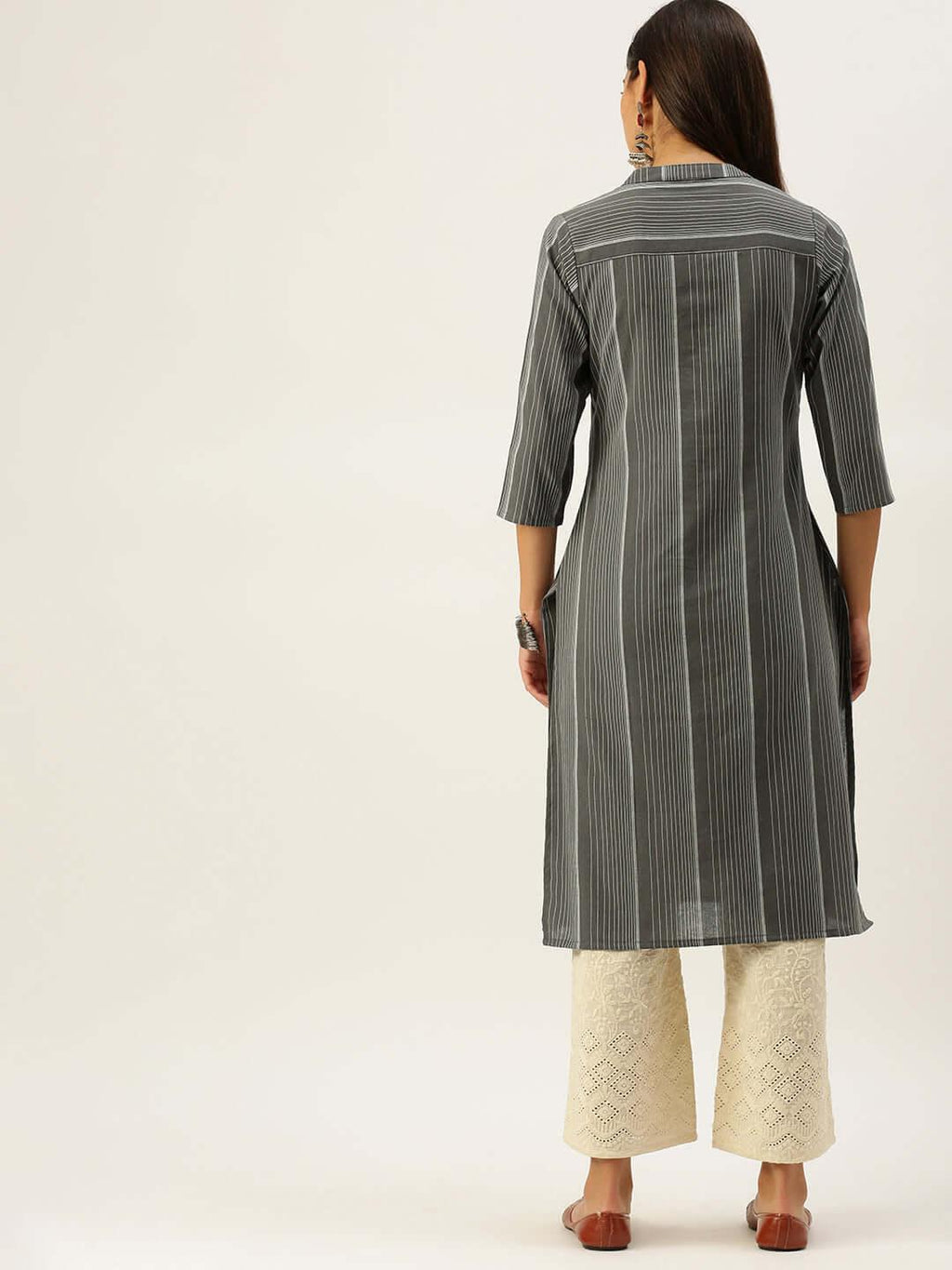Vedic Women Charcoal Grey  White Striped Pure Cotton Kurta - Vedic Apparel Private Limited