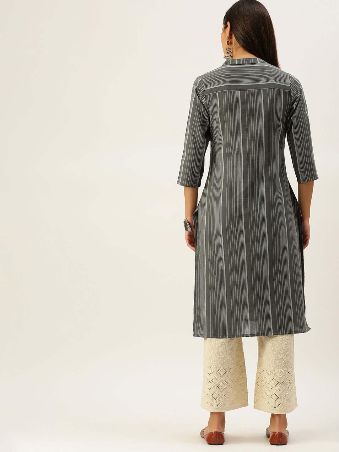 Vedic Women Charcoal Grey  White Striped Pure Cotton Kurta - Vedic Apparel Private Limited