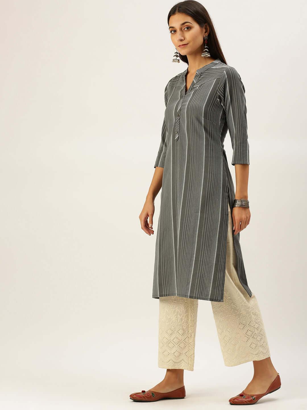 Vedic Women Charcoal Grey  White Striped Pure Cotton Kurta - Vedic Apparel Private Limited