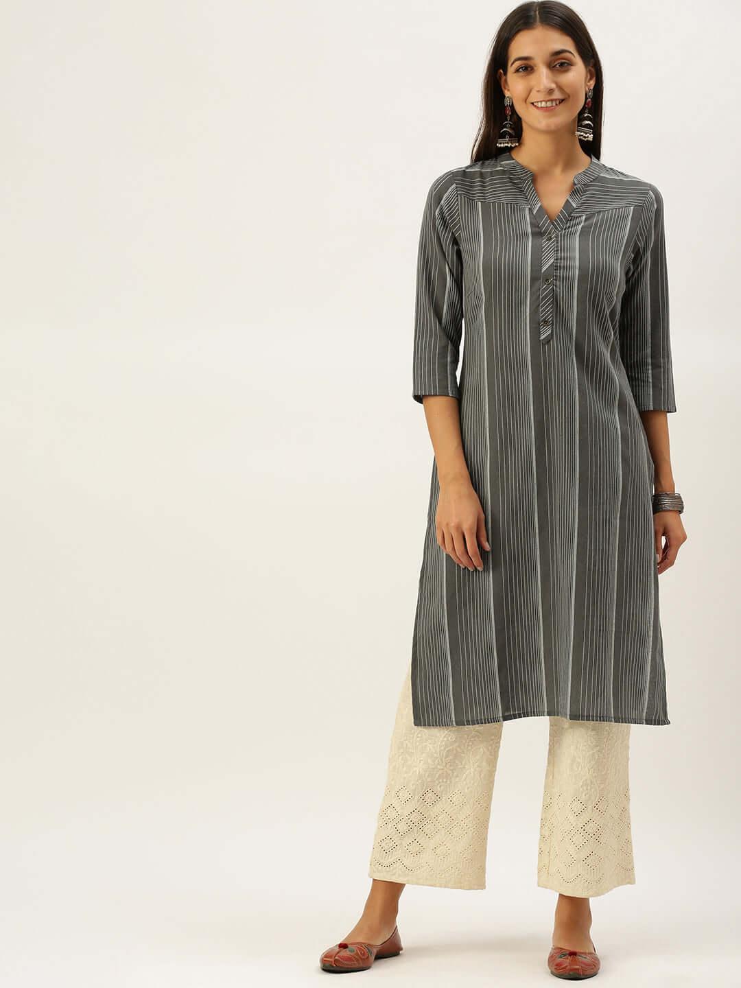 Vedic Women Charcoal Grey  White Striped Pure Cotton Kurta - Vedic Apparel Private Limited