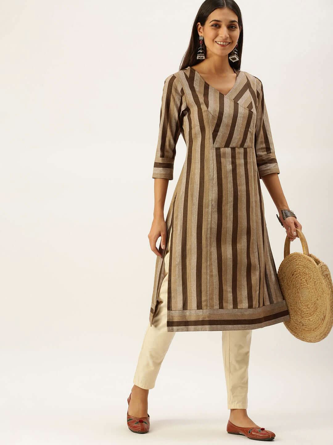 Vedic Women Brown  Beige Striped Kurta - Vedic Apparel Private Limited