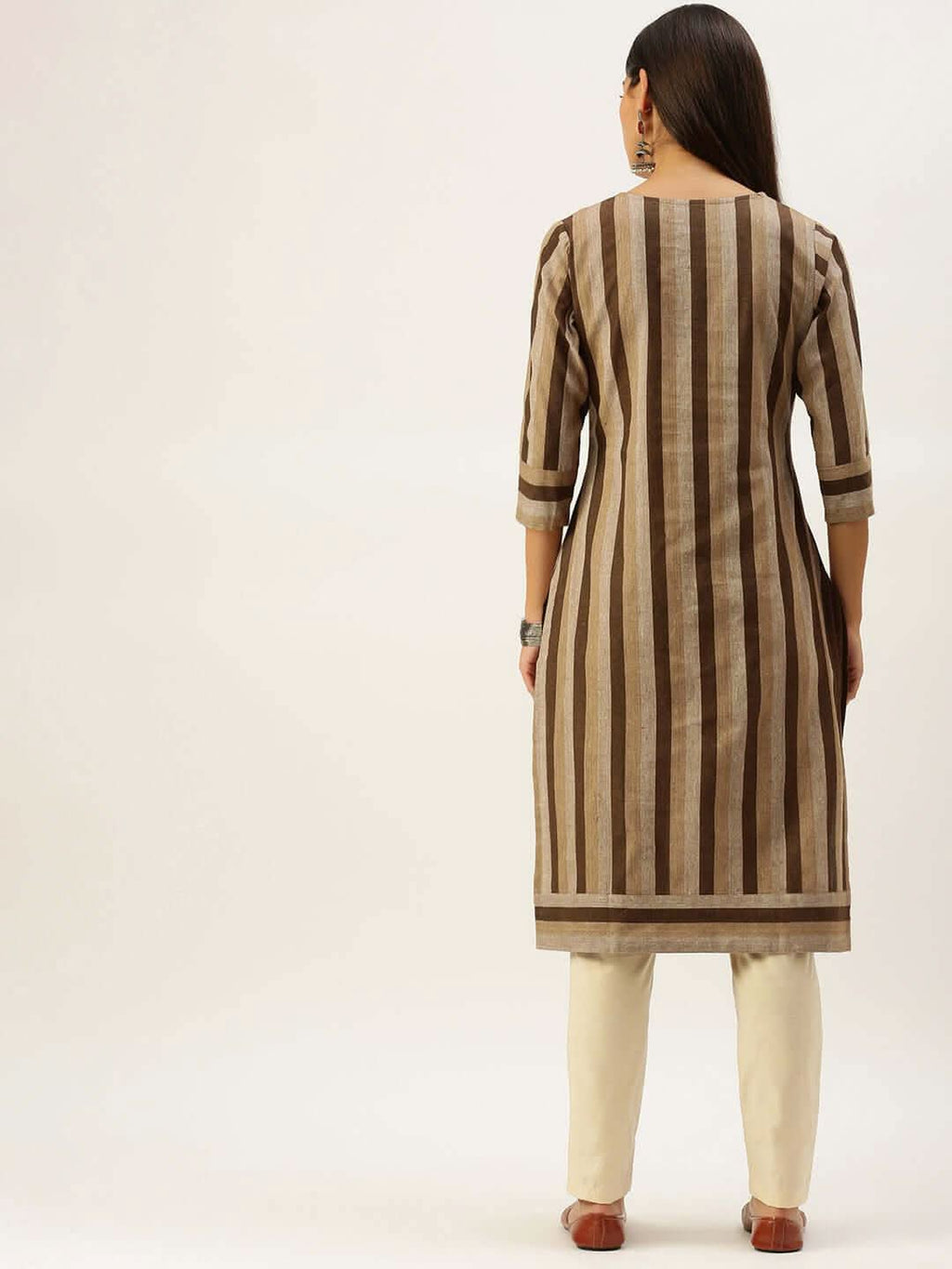Vedic Women Brown  Beige Striped Kurta - Vedic Apparel Private Limited