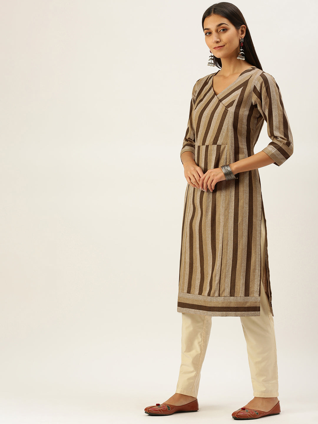 Vedic Women Brown  Beige Striped Kurta
