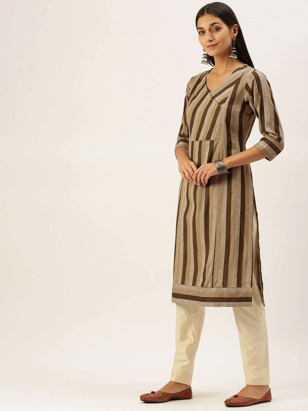 Vedic Women Brown  Beige Striped Kurta - Vedic Apparel Private Limited