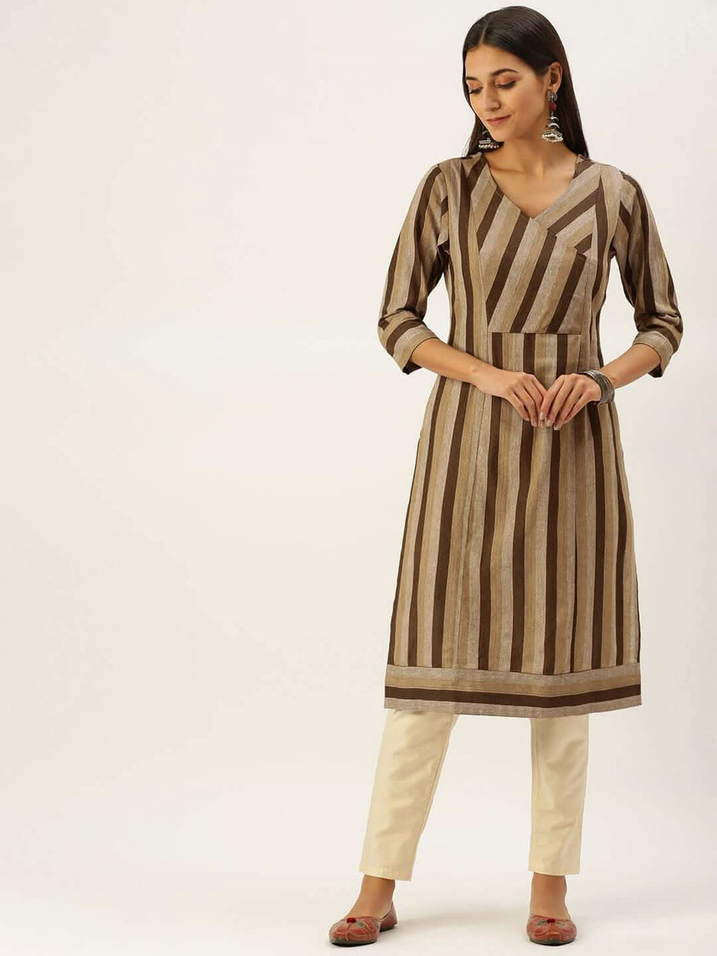 Vedic Women Brown  Beige Striped Kurta - Vedic Apparel Private Limited