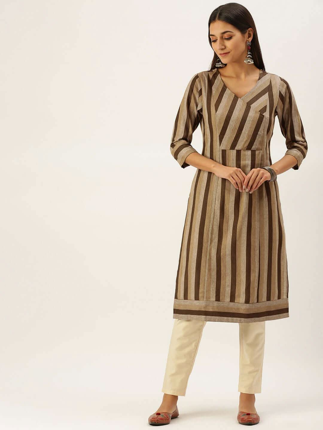 Vedic Women Brown  Beige Striped Kurta - Vedic Apparel Private Limited
