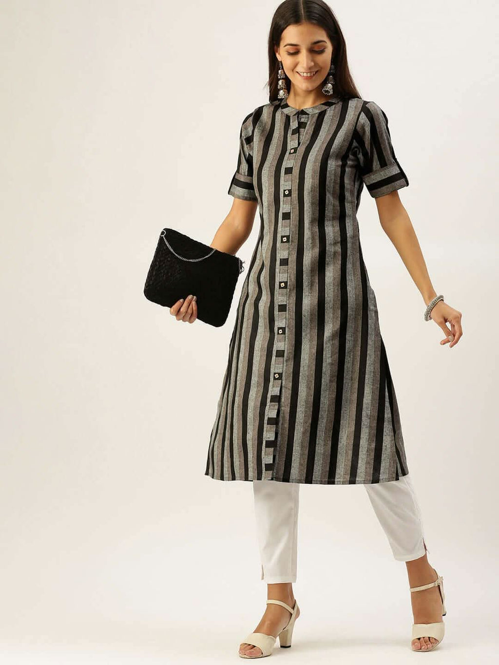 Vedic Women Black Grey Striped Pure Cotton Kurta - Vedic Apparel Private Limited