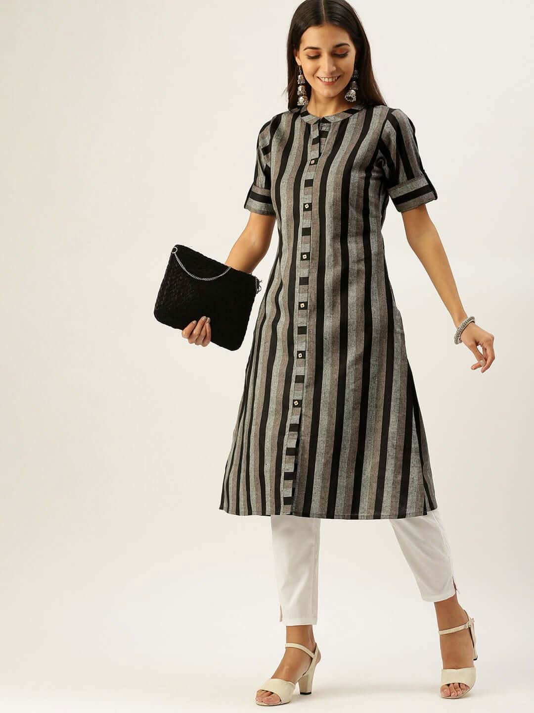 Vedic Women Black Grey Striped Pure Cotton Kurta - Vedic Apparel Private Limited