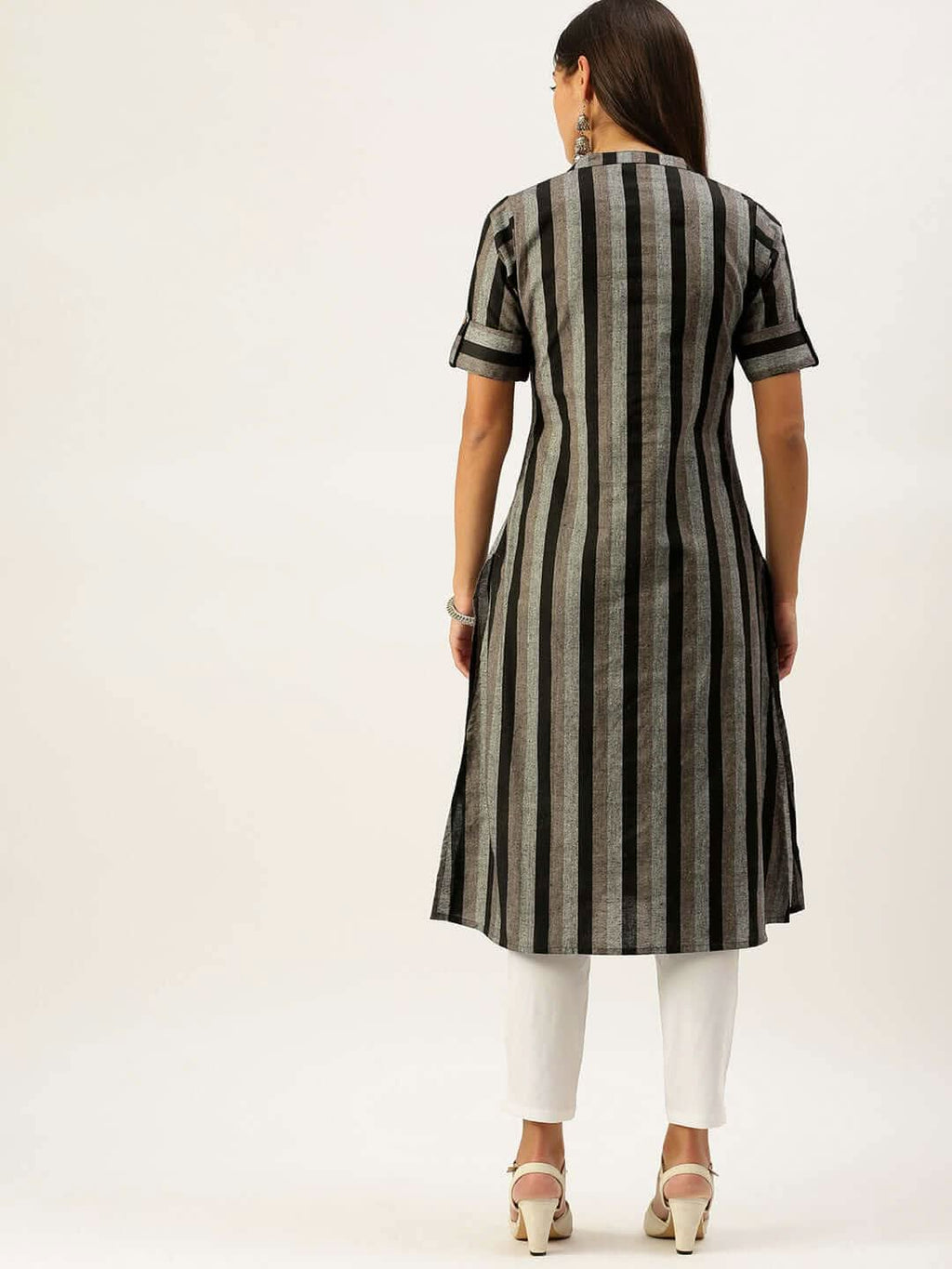 Vedic Women Black Grey Striped Pure Cotton Kurta - Vedic Apparel Private Limited